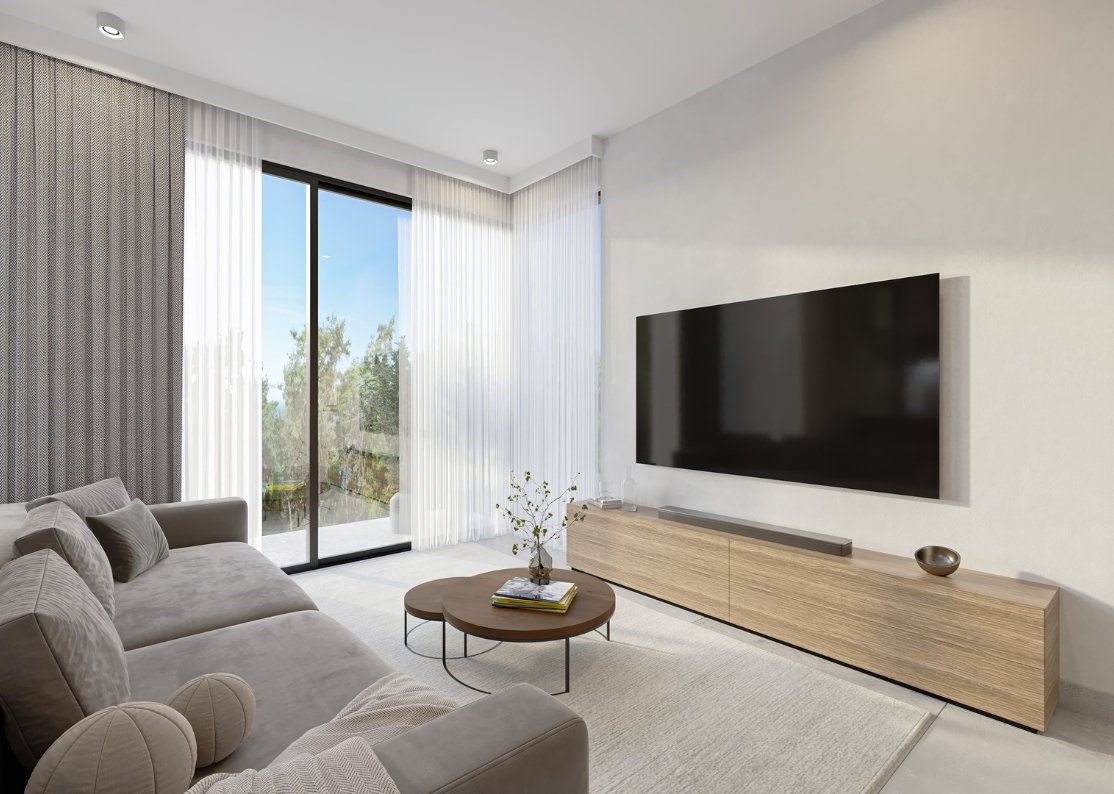 Living room in 2 Bedroom apartment communal with pool in chloraka